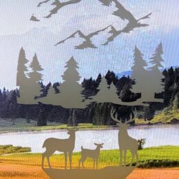 Deer Family - Decorative Window Cling Vinyl “Etched” Glass Decal – 8” x 12”. Objects are Opaque – Background is Clear
