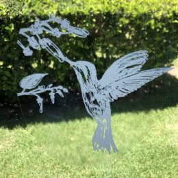 Hummingbird II - Decorative Window Cling Vinyl “Etched” Glass Decal – 8” x 12”. Objects are Opaque – Background is Clear