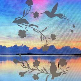 Hummingbirds - Decorative Window Cling Vinyl “Etched” Glass Decal – 8” x 12”. Objects are Opaque – Background is Clear